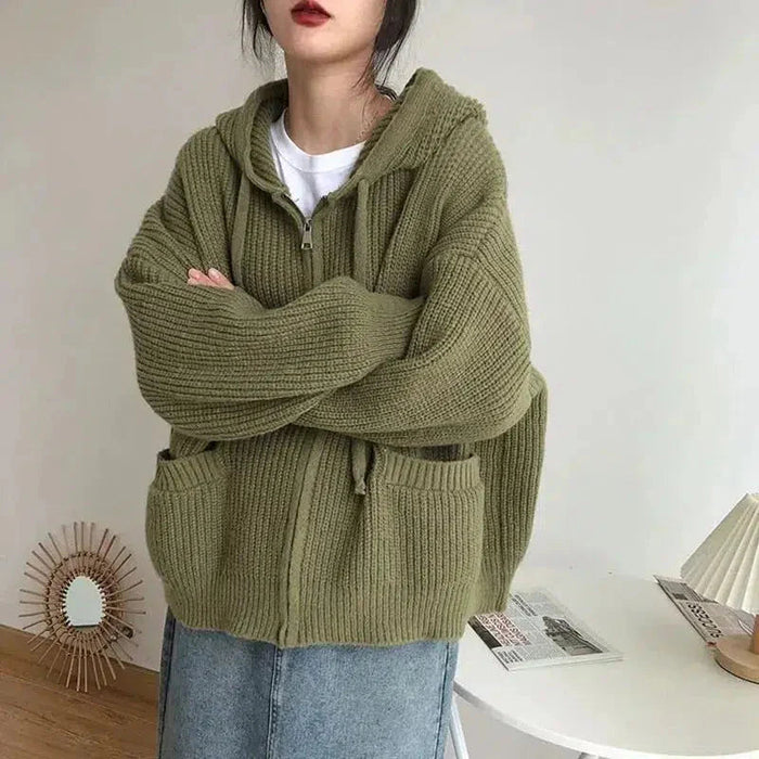 Keira | Womens Cozy Relaxed Zip Up Hooded Knit Cardigan with Pockets